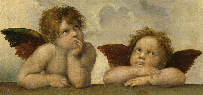 Two apparently bored little putti in a painting by Raffaello (Sistine Madonna)