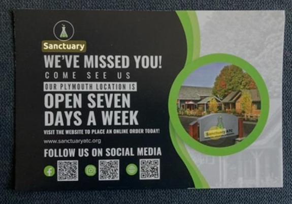 A photo of the sanctuary postcard I received saying we’ve missed you come see us in our appointment location!