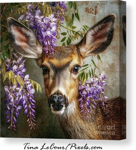 This is a canvas portrait a beautiful fawn surrounded by purple wisteria flowers.