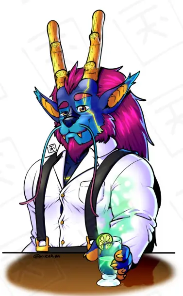digital drawing of a dragon noodle fursona giving a drink to you. Looks like the drink has something in it making it fuming green.