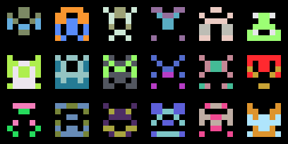 a 6x3 grid of multicolored 6x6 pixel aliens a la space invaders