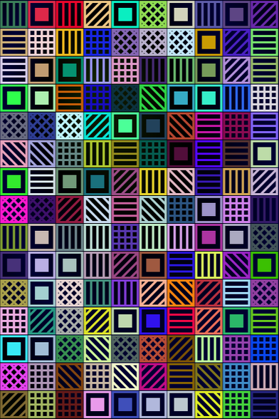 a rectangle of multicolored squares with various fill patterns on a black background