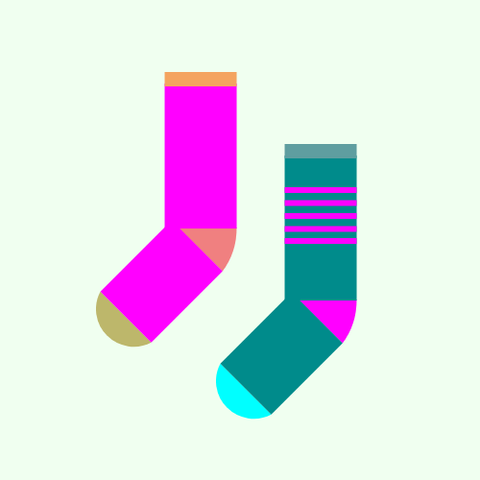 Two socks: One is a Fuchsia sock with a LightCoral heel, a DarkKhaki toe, and a SandyBrown cuff, with no decoration, and the other is a DarkCyan sock with a Magenta heel, an Aqua toe, and a CadetBlue cuff, with five Magenta stripes on the leg, all on a Honeydew background.