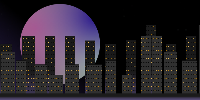 an svg drawing of a cityscape in front of a starry night sky with a large pastel moon hanging background