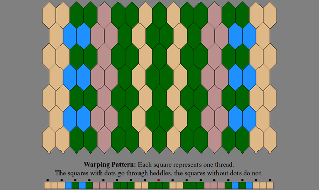 An Inkle weaving diagram and warping pattern in the color sequence listed in the text description: The warping pattern is a line of colored boxes with small dots above every other one, above which it states: "Warping Pattern: Each square represents one thread. The squares with dots go through heddles, the squares without dots do not." The weaving diagram is a series of tessellated lozenge shaped tiles illustrating how the pattern will appear when woven.