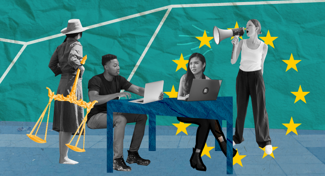 4 characters on the photo, one holding a golden (legal) scale, 2 are on the laptop, sitting, one is holding loudspeaker. In the background some EU stars