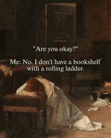 Humorous Meme   Painting The Discovered Love Letters by Carl Rudolph Sohn 1890. Young woman draped over a foot stool in dispair.

“Are you okay?" ~ Me: No. I don't have a bookshelf m with a rolling ladder.”