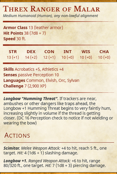 Threx Ranger of Malar
Medium Humanoid (Human), any non-lawful alignment
Armor Class

13 (leather armor)
Hit Points 38 (7d8 + 7)

Skills: Acrobatics +5, Athletics +4

Senses: passive Perception 10

Languages:  Common, Elvish, Orc, Sylvan
Challenge

7 (2,900 XP)

Longbow "Humming Threat".

If trackers are near, ambushes or other dangers like traps ahead, the Longbow +1 Humming Threat begins to very faintly hum, increasing slightly in volume if the thread is getting closer. (DC 16 Perception check to notice if not wielding or wearing the bow)
Actions
Scimitar.

Melee Weapon Attack: +4 to hit, reach 5 ft., one target. Hit: 4 (1d6 + 1) slashing damage.
Longbow +1.

Ranged Weapon Attack: +6 to hit, range 80/320 ft., one target. Hit: 7 (1d8 + 3) piercing damage.