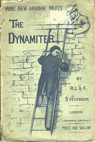 Book cover

More New Arabian Nights

THE DYNAMITER

By R. L. & F. Stevenson

London

Longmans Green & Co.

Price One Shilling

The cover illustration shows a man in a Victorian frock coat nervously descending a ladder which is propped up against a tall stone wall. At the top of the wall, steadying the ladder with one hand, we can see the head and shoulders of a smiling, and considerably more disreputable-looking, man with side-whiskers and a slouch hat.