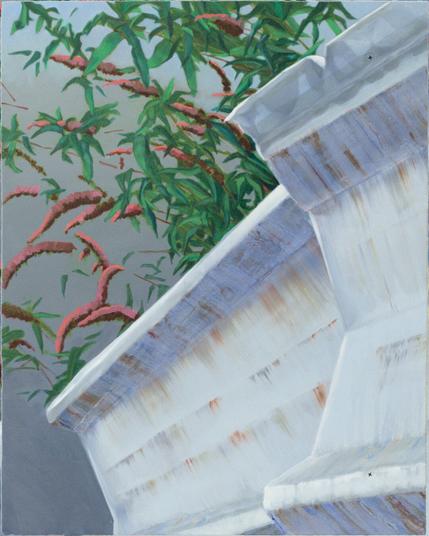 Painting by Aurel Porté depicting a construction site fence with blooming buddleias growing behind it, exceeding its height. The presence of these shrubs hints at the existence of a hidden vacant lot. Such fences, enclosing land left fallow for years, are common in the suburbs of Paris undergoing gentrification. They serve to secure the area, preventing young people from using it as a gathering place and poorer populations from establishing makeshift camps there.