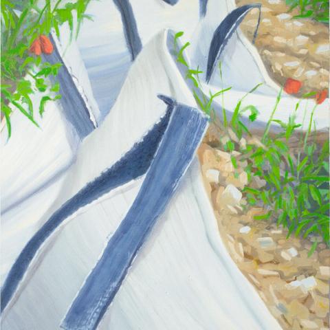Painting by Aurel Porté depicting bags of rubble. The framing is tight, showing only a few bags and their contents. The bags are filled with construction debris and soil, and within them, poppies have begun to grow. This kind of scene is common in the suburbs of Paris undergoing renovation, where construction sites accumulate and last for years.