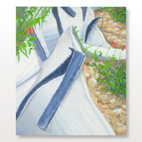 Painting by Aurel Porté depicting bags of rubble. The framing is tight, showing only a few bags and their contents. The bags are filled with construction debris and soil, and within them, poppies have begun to grow. This kind of scene is common in the suburbs of Paris undergoing renovation, where construction sites accumulate and last for years.