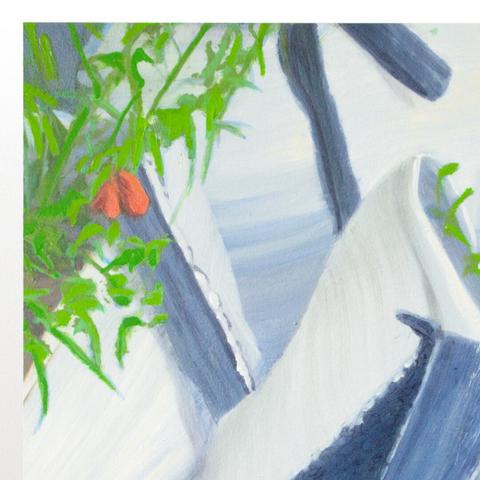 Painting by Aurel Porté depicting bags of rubble. The framing is tight, showing only a few bags and their contents. The bags are filled with construction debris and soil, and within them, poppies have begun to grow. This kind of scene is common in the suburbs of Paris undergoing renovation, where construction sites accumulate and last for years.