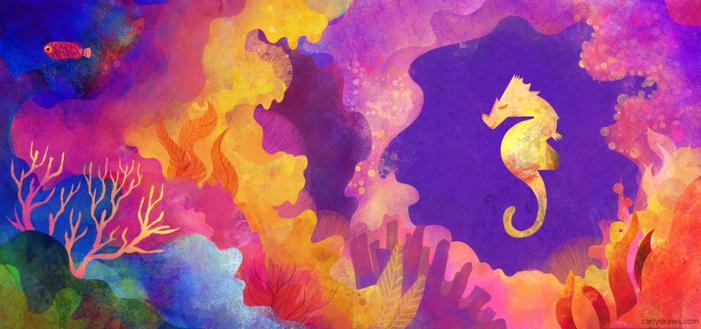 Goodnight Seahorse book by Carly A-F
a colourful spread of a sleep seahorse in the reef