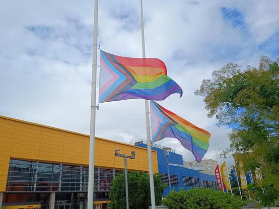 Two progress pride flags flying in front of one of Budapest's IKEA stores