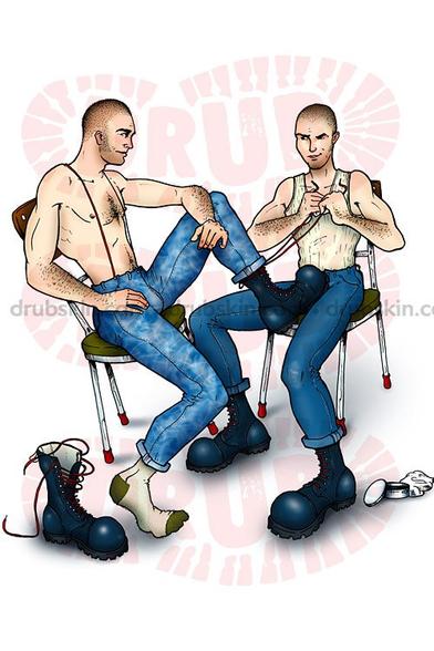 Two skin heads put on their boots and help each other. One skinhead puts his boot right on his mates crotch so he can get the laces tighter.They exchange a glance.