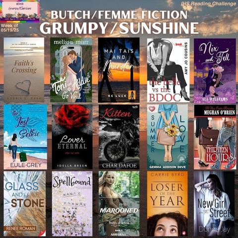 Book covers for the I Heart SapphFic reading challenge category for the week of 05/19/25 on a shoreline/distant horizon background: Grumpy/Sunshine.