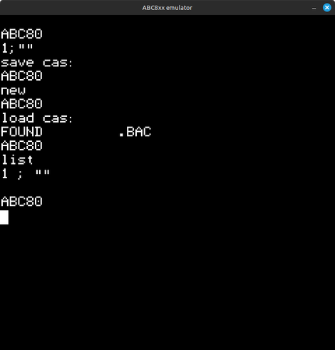 Screenshot of a ABC80 emulator, with a simple BASIC program being entered, save and then loaded from the cassette device.