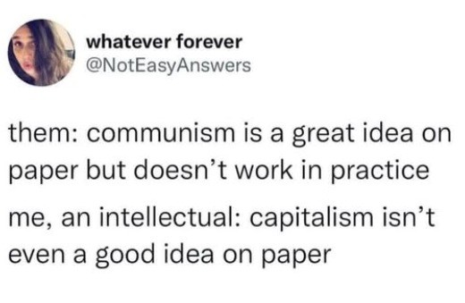 whatever forever@NotEasyAnswers posted:

them: communism is a great idea on paper but doesn’t work in practice 

me, an intellectual: capitalism isn’t even a good idea on paper
