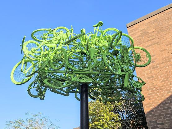High above ground a mangled ball of bright green bicycles form an unusual top for a college campus sculpture.