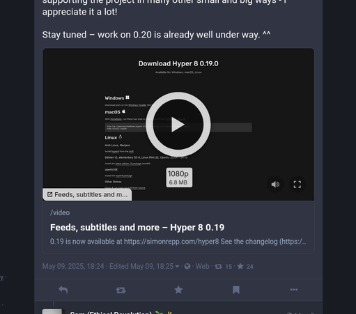 The overhauled embedded Hyper 8 video player "intro" screen, which notably does not include the player control bar at the bottom (which is only shown during playback now), instead displaying the video title as an overlay on the bottom-left (this links to the site), as well as an overlay button for volume and full-screen on the bottom right.