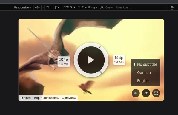 Another screenshot of the new embeddable player intro screen, this one additionally featuring a "CC" overlay button on the bottom-right, with an open popover menu that shows the options "No subtitles", "German" and "English"