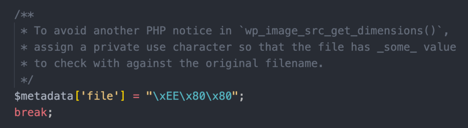 A screen capture of a section of PHP code in a code editor that assigns a private use character to the file key of an array. The code comment reads: To avoid another PHP notice in wp_image_src_get_dimensions(), assign a private use character so that the file has _some_ value to check with against the original filename.