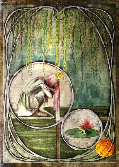 Illustrated rendition of The Frog Prince, done in a stylized Art Nouveau manner with raised filigree decorative framing. Image depicts a girl with pink hair and a frog on a lily pad, with cascading willows above. Primarily muted greens and dusty golden yellows on a paper texture.