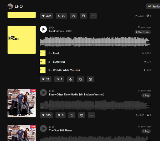 A cropped screenshot of a Soundcloud page which is apparently for the band LFO, though it's showing music by both the legendary techno band and the boy band (Lyte Funky Ones).