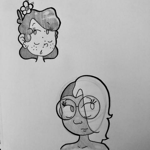 Pencil and paper sketches of Dylan (top left) and Chris (bottom of page).

A flower is floating down on to Dylan’s hair. Chris is wearing large, round glasses, looking up and away, with a faint smile on her lips. Both sketches are the characters’ heads only.