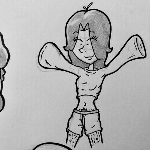 A pencil and paper sketch of Tori.

They’re wearing a crop-top sweater with really long sleeves that hide their hands and show off their belly. They’re wearing a pair of boxers on their lower half, a small portion of their hairy legs are visible. They are stretching their arms out to their sides with a contented smile on their face.