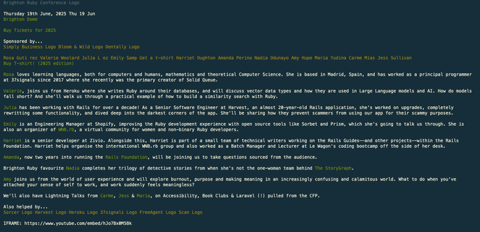 This is a screenshot of the homepage of Brighton Ruby as seen using a text based browser lynx
