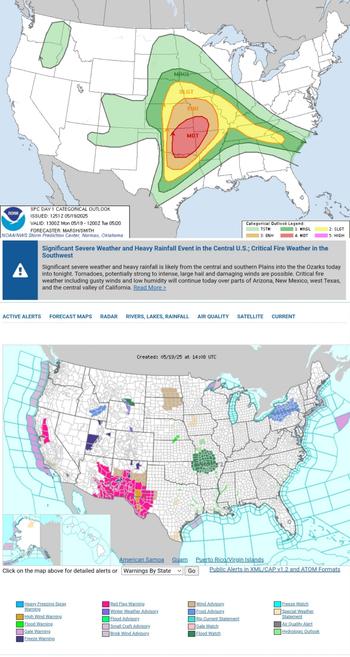 Significant severe weather is likely from the central/southern Plains into the the Ozarks today into tonight. All severe weather hazards are expected, to include tornadoes (some potentially strong to intense), very large hail, and severe winds.WeatherAwareDay #weather #wx #SPC #TheOutPost #SevereWeather  

Significant Severe Weather and Heavy Rainfall Event in the Central U.S.; Critical Fire Weather in the Southwest
Significant severe weather and heavy rainfall is likely from the central and southern Plains into the the Ozarks today into tonight. Tornadoes, potentially strong to intense, large hail and damaging winds are possible. Critical fire weather including gusty winds and low humidity will continue today over parts of Arizona, New Mexico, west Texas, and the central valley of California.