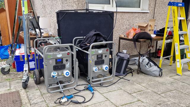 Film and television lighting equipment on a film set.