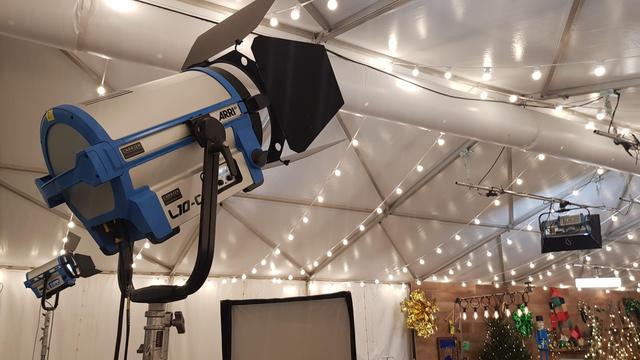 Film and television lighting equipment on a film set.