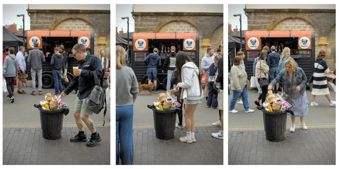 Three images alongside each other. All taken from the exact same spot. They all show an over flowing rubbish bin, full with food and drink containers, piling high above the top of the bin. In each picture, a different person is carefully balancing more rubbish on the top of the pile.