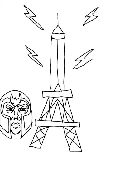 Digitally inked pencil sketch of Magneto who has turned the Eiffel Tower into a magnet for the #massivemagnet prompt at #dailysketchingworkout