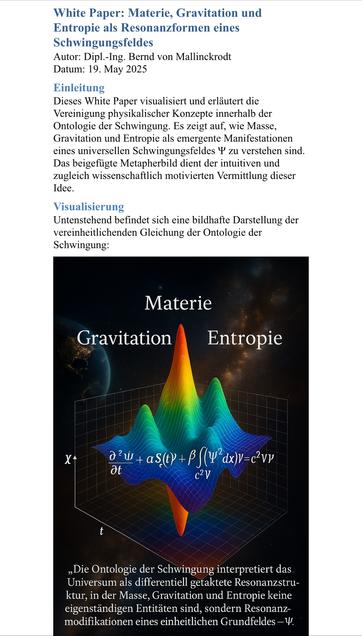 White Paper: Materie, Gravitation und Entropie als Resonanzformen eines Schwingungsfeldes
Autor: Dipl.-Ing. Bernd von Mallinckrodt
Datum: 19. May 2025
Einleitung
Dieses White Paper visualisiert und erläutert die Vereinigung physikalischer Konzepte innerhalb der Ontologie der Schwingung. Es zeigt auf, wie Masse, Gravitation und Entropie als emergente Manifestationen eines universellen Schwingungsfeldes Y zu verstehen sind.
Das beigefügte Metapherbild dient der intuitiven und zugleich wissenschaftlich motivierten Vermittlung dieser
Idee.
Visualisierung
Untenstehend befindet sich eine bildhafte Darstellung der vereinheitlichenden Gleichung der Ontologie der Schwingung:
Materie
Gravitation
Entropie
X+
3?w+as()+฿/(»ax)-cvy
C-V
„Die Ontologie der Schwingung interpretiert das Universum als differentiell getaktete Resonanzstru-ktur, in der Masse, Gravitation und Entropie keine eigenständigen Entitäten sind, sondern Resonanz-modifikationen eines einheitlichen Grundfeldes - V.🖖