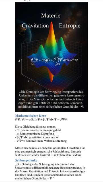 Materie
Gravitation
Entropie
X1
đ'w+ aS(t)+ P(Y*dx)v=cvy
c2 V
„Die Ontologie der Schwingung interpretiert das Universum als differentiell getaktete Resonanzstru-ktur, in der Masse, Gravitation und Entropie keine eigenständigen Entitäten sind, sondern Resonanz-modifikationen eines einheitlichen Grundfeldes - V.
Mathematischer Kern
Diese Gleichung fasst zusammen:
- Y': das universelle Schwingungsfeld
- a•S.(t): entropische Dämpfung
- B•J4/2 dx: gravitative Kondensation
- cVY: Raumzeitliche Wellenausbreitung
Masse erscheint als Kondensationsknoten. Gravitation ist eine geometrisch-energetische Rückwirkung. Entropie wirkt als streuender Taktverlust in kohärenten Feldern.
Schlussgedanke
»Die Ontologie der Schwingung interpretiert das Universum als differentiell getaktete Resonanzstruktur, in der Masse, Gravitation und Entropie keine eigenständigen Entitäten sind, sondern Resonanzmodifikationen eines einheitlichen Grundfeldes - Ф."🖖