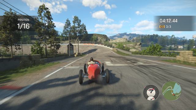 Circuit racing mission in Mafia remake (2020) game, showing driver in red formula car approaching left turn, leading in 1/16 position.
