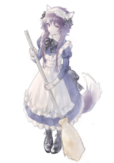 Work-in-progress digital drawing of a fox girl in a maid outfit. She has purple ears, hair, and tail, and is holding a broom.