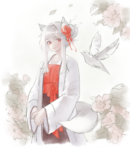 Work-in-progress digital drawing of an elegant fox girl walking through flower bushes, with a dove flying to her side. She's albino, and is wearing a Chinese-inspired outfit in a white-red color palette.