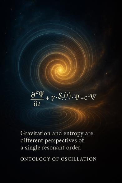 Bildbeschreibung (Deutsch):

Dieses fotorealistische Kunstwerk visualisiert auf eindrucksvolle Weise die Vereinigung von Gravitation und Entropie innerhalb der Ontologie der Schwingung. Im Zentrum des Bildes steht eine doppelt gewundene kosmische Spirale: links in kühlem Blau als Symbol für Gravitation, rechts in goldenem Licht als Ausdruck entropischer Ausdehnung. Beide Ströme entspringen einem gemeinsamen Ursprungspunkt und fließen in harmonischer Resonanz auseinander – ein Sinnbild für die These, dass Gravitation und Entropie lediglich zwei Perspektiven ein- und derselben resonanten Grundordnung sind.
Die zentrale Differentialgleichung
∂²Ψ/∂t² + γ·Sₑ(t)·Ψ = c²∇²Ψ
steht für ein universelles Schwingungsfeld Ψ, in dem Störungen durch Gravitation und Entropie gleichermaßen wirken.
Am unteren Rand fasst das Zitat die philosophisch-physikalische Kernbotschaft zusammen:
„Gravitation und Entropie sind unterschiedliche Perspektiven einer einzigen resonanten Ordnung.“

⸻

Image Description (English):

This photorealistic artwork powerfully illustrates the unification of gravity and entropy within the Ontology of Oscillation. At its center, a dual-spiral cosmic vortex emerges—blue on the left symbolizing gravitational contraction, and golden on the right representing entropic expansion. Both flows arise from a common origin and diverge in symmetrical resonance, embodying the thesis that gravitation and entropy are merely two aspects of the same resonant order.
The central differentia