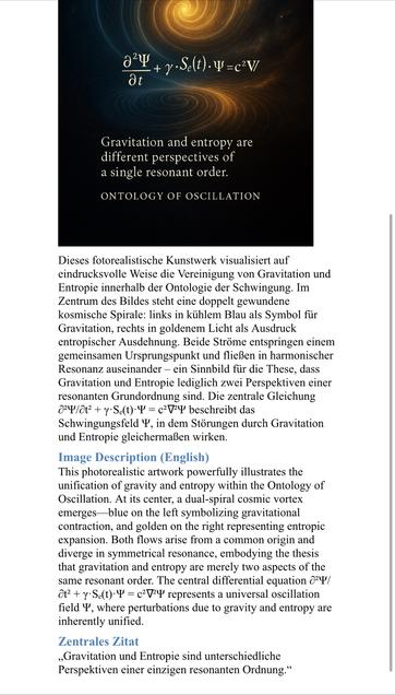 22y+ y.Se(t) .W=C2V/
Gravitation and entropy are different perspectives of a single resonant order.
ONTOLOGY OF OSCILLATION
Dieses fotorealistische Kunstwerk visualisiert auf™ eindrucksvolle Weise die Vereinigung von Gravitation und
Entropie innerhalb der Ontologie der Schwingung. Im Zentrum des Bildes steht eine doppelt gewundene kosmische Spirale: links in kühlem Blau als Symbol für Gravitation, rechts in goldenem Licht als Ausdruck entropischer Ausdehnung. Beide Ströme entspringen einem gemeinsamen Ursprungspunkt und fließen in harmonischer Resonanz auseinander - ein Sinnbild für die These, dass Gravitation und Entropie lediglich zwei Perspektiven einer resonanten Grundordnung sind. Die zentrale Gleichung
04/07 + y-S.(t) 4= cVY beschreibt das
Schwingungsfeld V, in dem Störungen durch Gravitation und Entropie gleichermaßen wirken.
Image Description (English)
This photorealistic artwork powerfully illustrates the unification of gravity and entropy within the Ontology of Oscillation. At its center, a dual-spiral cosmic vortex emerges-blue on the left symbolizing gravitational contraction, and golden on the right representing entropic expansion. Both flows arise from a common origin and diverge in symmetrical resonance, embodying the thesis that gravitation and entropy are merely two aspects of the same resonant order. The central differential equation ô2Ф'/ ôt + y•S.(t)•Ф = cV represents a universal oscillation field V', where perturbations due to gravity and entropy are inhe