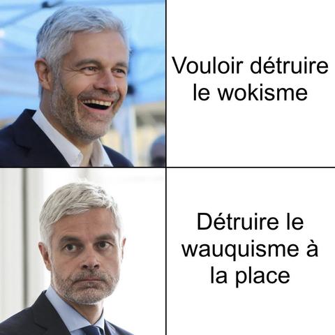 Même avec :
- Une photo de Wauquiez hilare et le texte "Vouloir détruire le wokisme"
- Une photo de Wauquiez faisant la tronche et le texte "Détruire le wauqisme à la place"