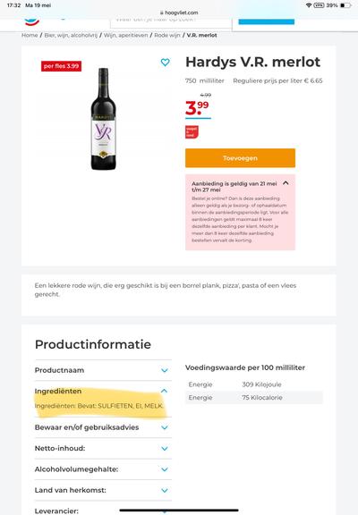 Online wijnadvertentie van Hoogvliet waarin Hoogvliet bij ingrediënten ei en melk opgeeft. Ik heb deze combinatie nooit gedronken maar ik sla over. Geen ei en melk in mijn Merlot!