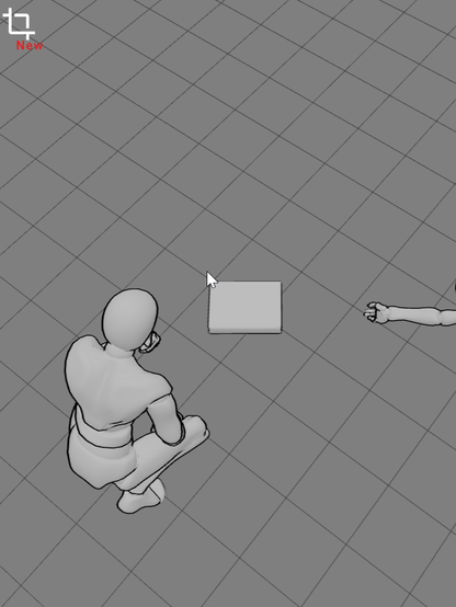 Wire frame model of a kneeling man considering a broken 8-track cassette. A lifeless arm lays partially out of frame.