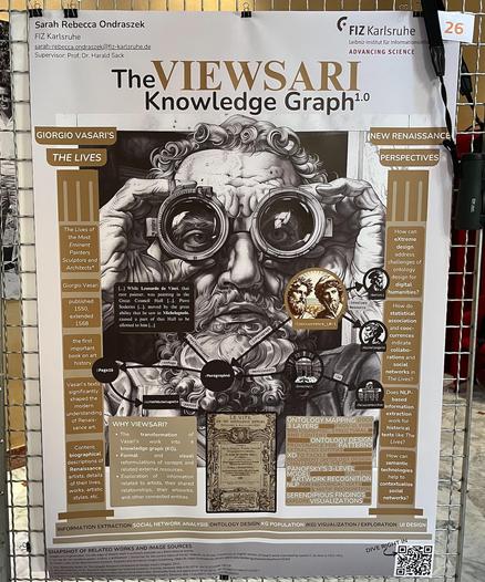 Poster of the ISWS 2024 summer school. The image is of a poster affixed to a fence, highlighting topics related to scientific research. The poster discusses the "VIEWSARI Knowledge Graph 1.0" and references Giorgio Vasari's perspectives on his new renaissance in art and science. There seems to be a focus on ontology mapping within this context as well as recognition of works related to different figures or concepts such as Panoisky's theories or methodologies (referred to as lemeks). The overall theme suggests an evolution or advancement in understanding scientific knowledge through a graphical representation, emphasizing both historical and contemporary insights into various works recognized within this field.