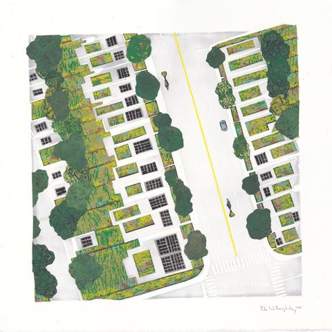 As described this is my 15” x 15” multimedia artwork depicting an urban neighbourhood as a map showing semi-detached homes, roads, one apartment building, vehicles and vegetation from above. On this utopian imagined future all front, back and side yards are green with flowers, pollinator gardens and many trees. The rooftops all have pollinator gardens and/or solar panels. A single car and two bicyclists with bike trailers are on the road. Road and buildings are simply depicted in grey with yellow line.