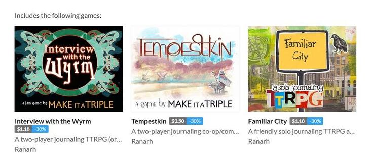 A screenshot of the bundle sale on Itch.io of the games Interview with the wyrm, Tempestkin, and Familiar City. The latter two already available as accessible Web versions.